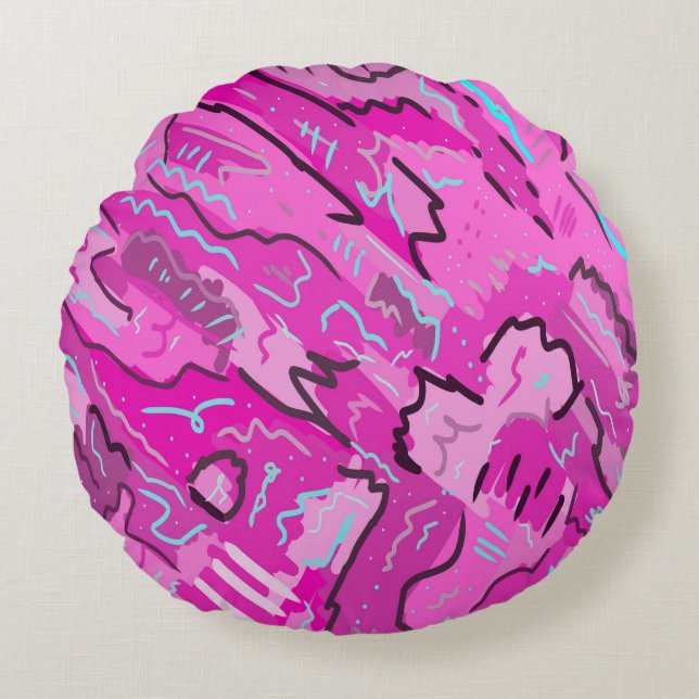 Cojín Redondo Rosa! Diversión con arte abstracto (Anverso)