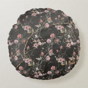 Cojín Redondo Rosa floral moderno elegante y negro
