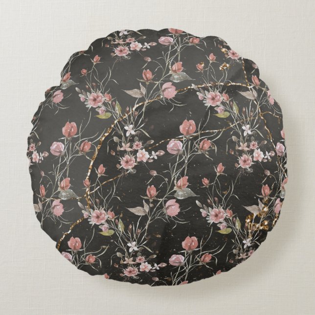 Cojín Redondo Rosa floral moderno elegante y negro (Anverso)