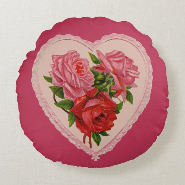 Cojín Redondo Rosa Magenta Vintage Heart Valentine (Anverso)