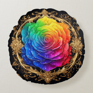 Cojín Redondo Rosa multicolor con florituras doradas ornamentada