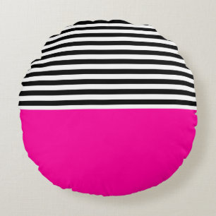 Cojín Redondo Rosa Neon con franjas en blanco y negro