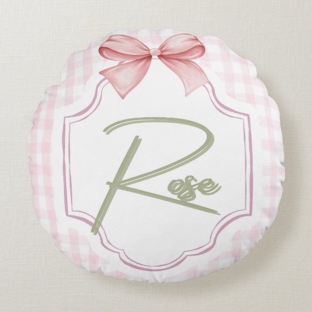 Cojín Redondo Rosa personalizada Niña Nursery Bow&Gingham (Anverso)