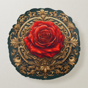 Cojín Redondo Rosa Roja Ornamentada Con Marco Barroco Dorado