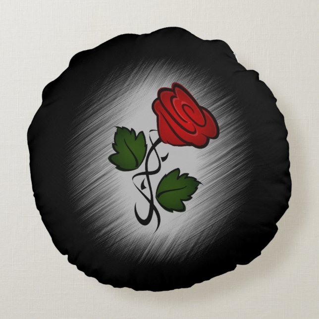 Cojín Redondo Rosa roja sobre negro (Reverso)