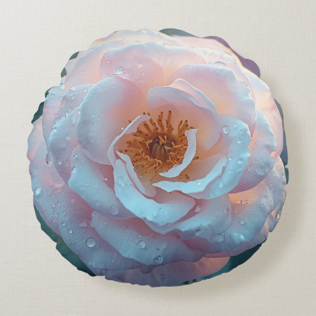 Cojín Redondo Rosa Rosa Claro Con Rocío (Anverso)