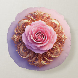 Cojín Redondo Rosa Rosa Con Detalles Ornamentales De Oro Intrinc
