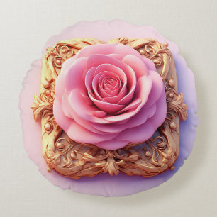 Cojín Redondo Rosa Rosa Con Detalles Ornamentales De Oro Intrinc