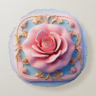 Cojín Redondo Rosa rosa con intrincados detalles ornamentales de