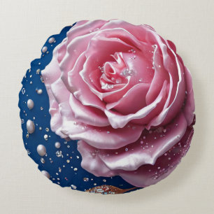 Cojín Redondo Rosa rosa elegante con perlas y cristales