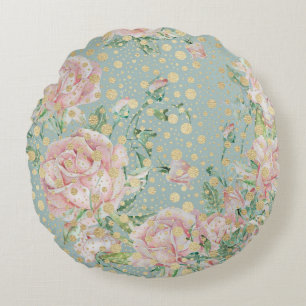 Cojín Redondo Rosa rosa floral punto oro verde azulado elegante 