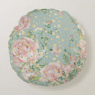 Cojín Redondo Rosa rosa floral punto oro verde azulado elegante 