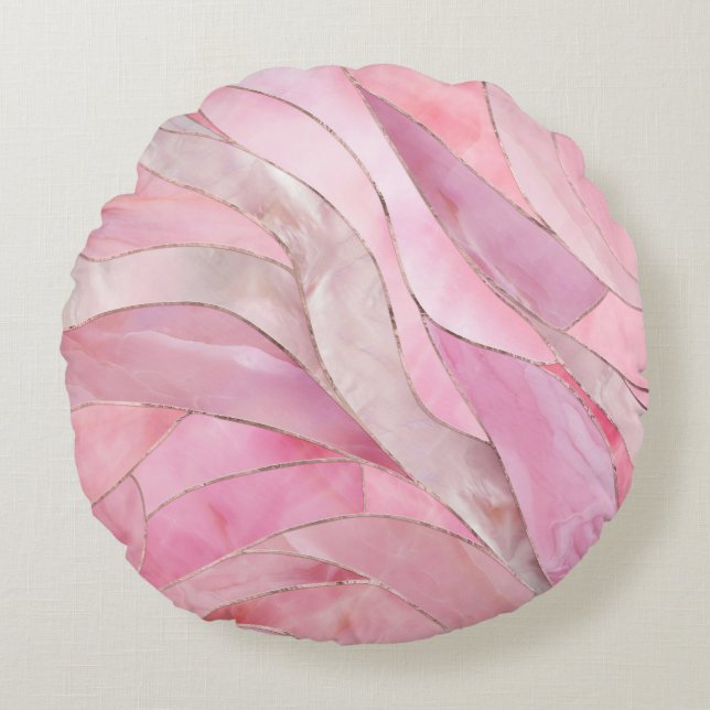 Cojín Redondo Rosa Rosa Rubor - Olas de mosaico (Anverso)