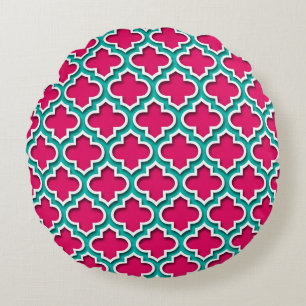 Cojín Redondo Rosa Teal Blanco Marroquí Cuatrofoil #5DS