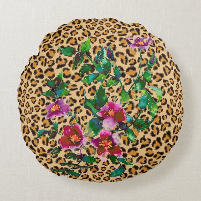 Cojín Redondo Rosa vintage - impresión leopardo (Anverso)