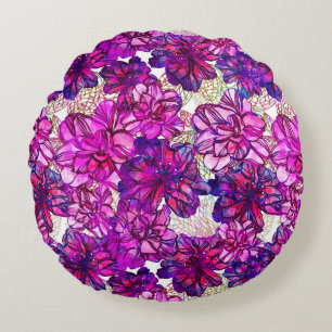 Cojín Redondo Rosa y modelo de flores abstracto púrpura