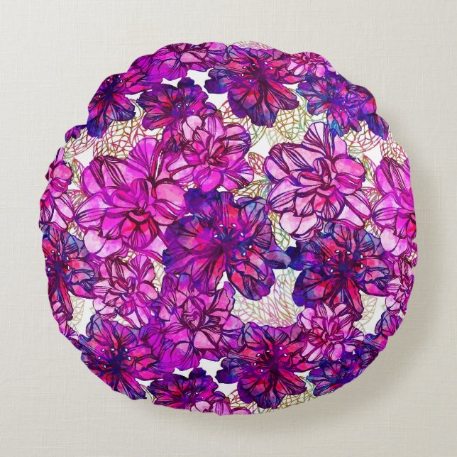 Cojín Redondo Rosa y modelo de flores abstracto púrpura (Anverso)