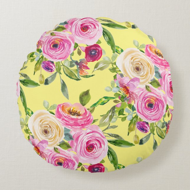 Cojín Redondo Rosas acuarelas en rosa y crema en amarillo (Anverso)