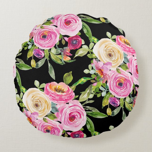 Cojín Redondo Rosas acuarelas en rosa y crema en negro (Anverso)