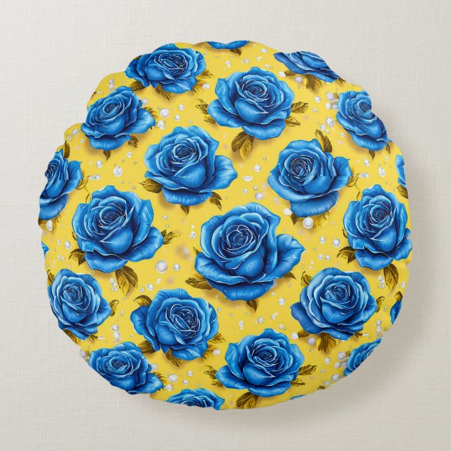 Cojín Redondo Rosas azules 3d (Anverso)