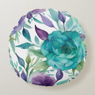 Cojín Redondo Rosas Azules Flores de Acuarela Purpura 