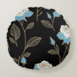 Cojín Redondo Rosas azules y blancas con guarnecido dorado