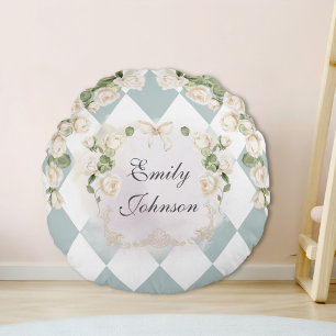 Cojín Redondo Rosas Blancas Elegantes Monograma Hojas Verdes Dia