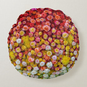 Cojín Redondo Rosas Coloridas y Crisantemos Gradiente Floral