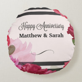 Cojín Redondo Rosas de Aniversario boda, franjas, nombres person