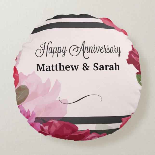 Cojín Redondo Rosas de Aniversario boda, franjas, nombres person (Anverso)