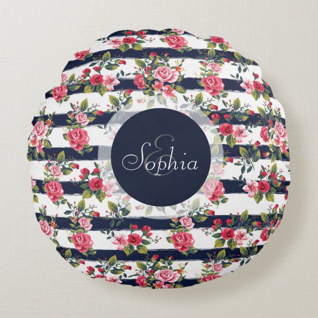 Cojín Redondo Rosas de la época del invierno con franjas acuátic (Anverso)