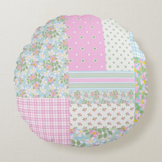 Cojín Redondo Rosas de perro rosado bonito Faux Patchwork Round  (Anverso)