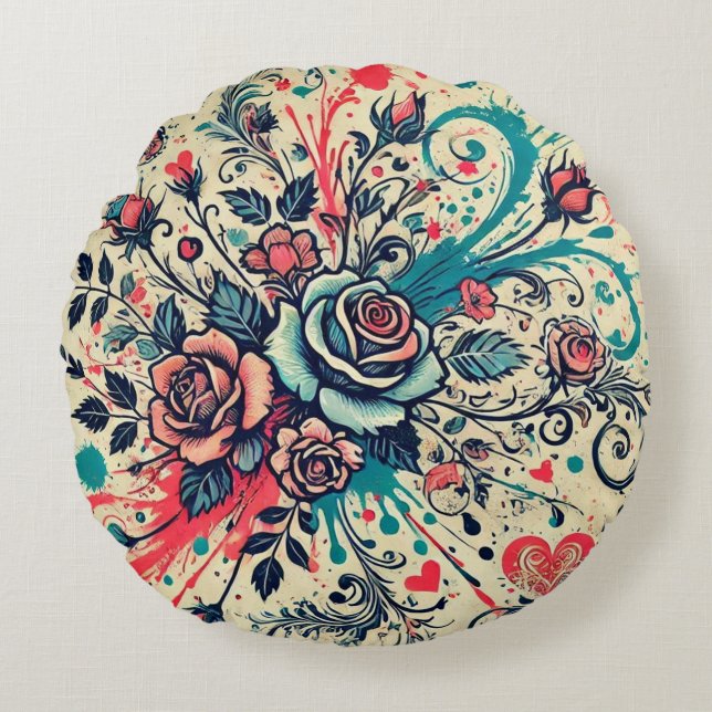 Cojín Redondo Rosas de San Valentín / Arte rosa y Verde azulado  (Anverso)