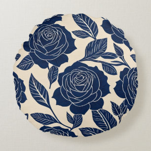 Cojín Redondo Rosas estilizados azul y blanco roto