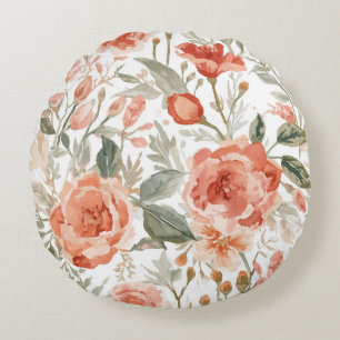 Cojín Redondo Rosas Naranjas Botánico Acuarela Coral Floral