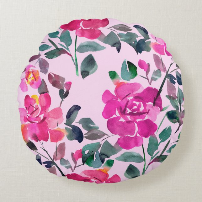 Cojín Redondo Rosas opulentos de acuarela dibujados a mano. Mare (Anverso)