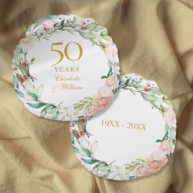 Cojín Redondo Rosas para Aniversario de Bodas de Oro (50th Golden Wedding Anniversary Roses Garland Round Pillow)