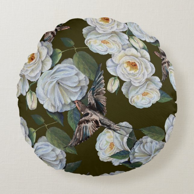 Cojín Redondo Rosas Pastel, boda floral sin costura. (Anverso)