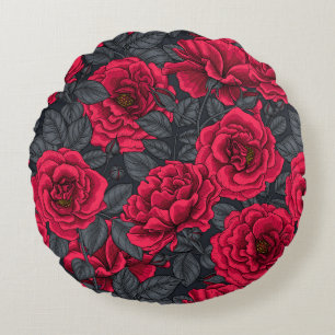 Cojín Redondo Rosas rojas con hojas grises en negro
