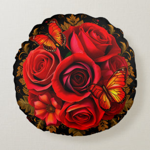 Cojín Redondo Rosas Rojas Elegantes con Mariposas