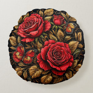 Cojín Redondo Rosas rojas elegantes y mariposas