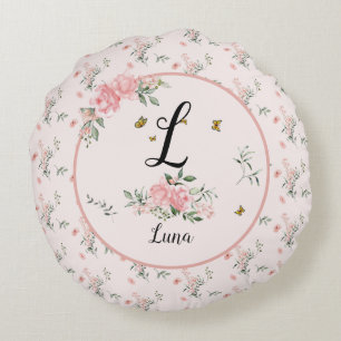 Cojín Redondo Rosas rosadas elegantes con mariposas