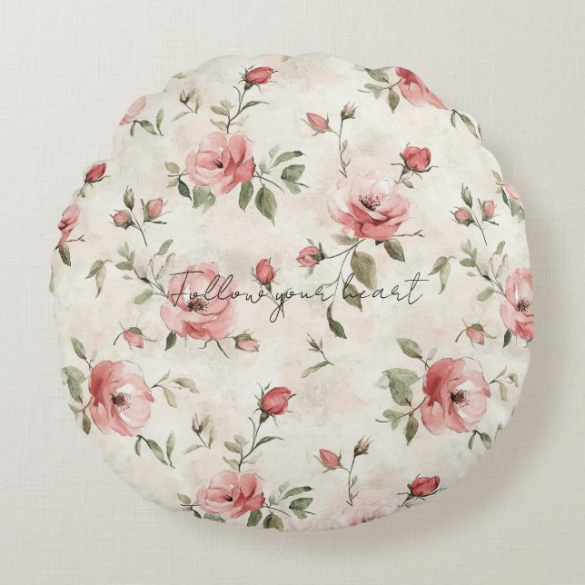 Cojín Redondo Rosas rosadas Floral (Anverso)