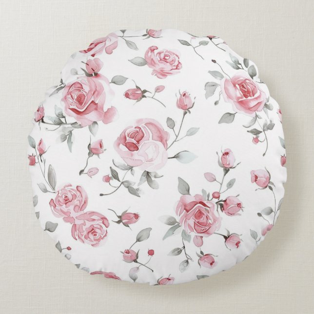 Cojín Redondo Rosas Rosadas Floral   (Anverso)