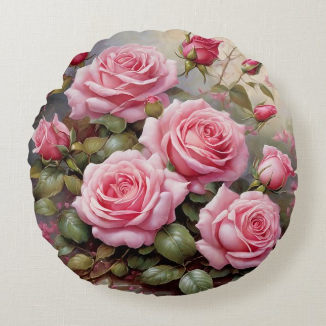 Cojín Redondo Rosas rosadas vintage (Anverso)