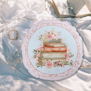 Cojín Redondo Rosas rosadas vintage en acuarela y floral de libr