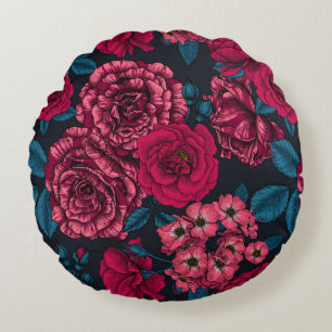 Cojín Redondo Rosas rosados, rojos y bicolorantes con hojas azul