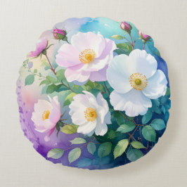 Cojín Redondo Rosas silvestres blancas rosadas azules verde azul