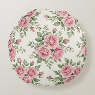 Cojín Redondo Rosas Vintage en Acuarela Rosa Floral Sin Costuras