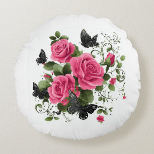 Cojín Redondo Rosas y Mariposas, Diseño Colorido,